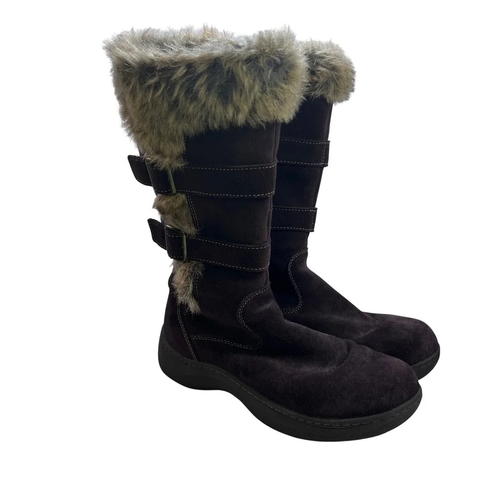 L.L. Bean Women's Size 8 Brown Suede Fur Lined‎ Winter Boots Zip Buckle